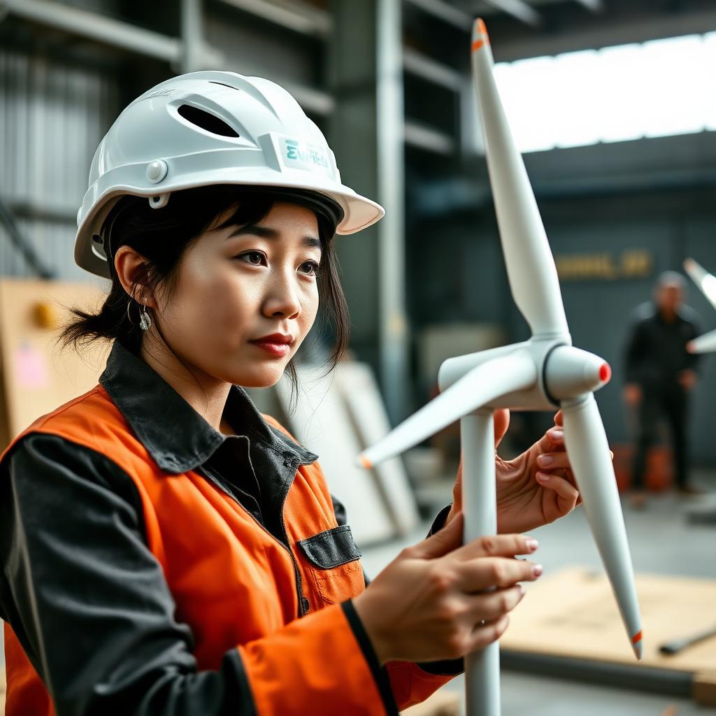 Engenheira brasileira descendente de asiáticos testando modelo de turbina de energia eólica em oficina de instituto federal.