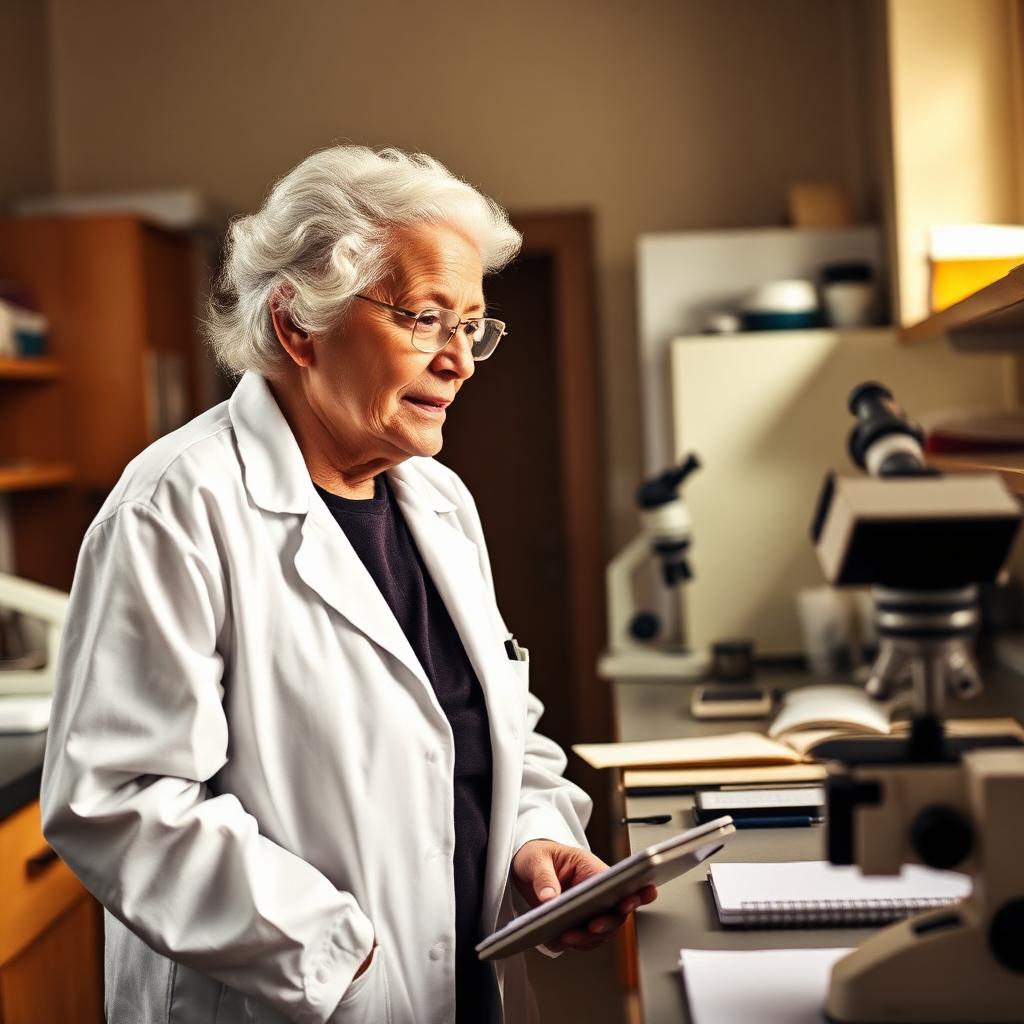 Pesquisadora idosa de cabelos brancos, de jaleco, consultando anotações em laboratório de universidade pública.
