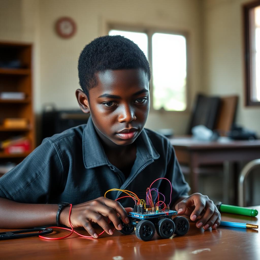 Estudante negro adolescente montando um pequeno robô com placa eletrônica em oficina de escola pública.