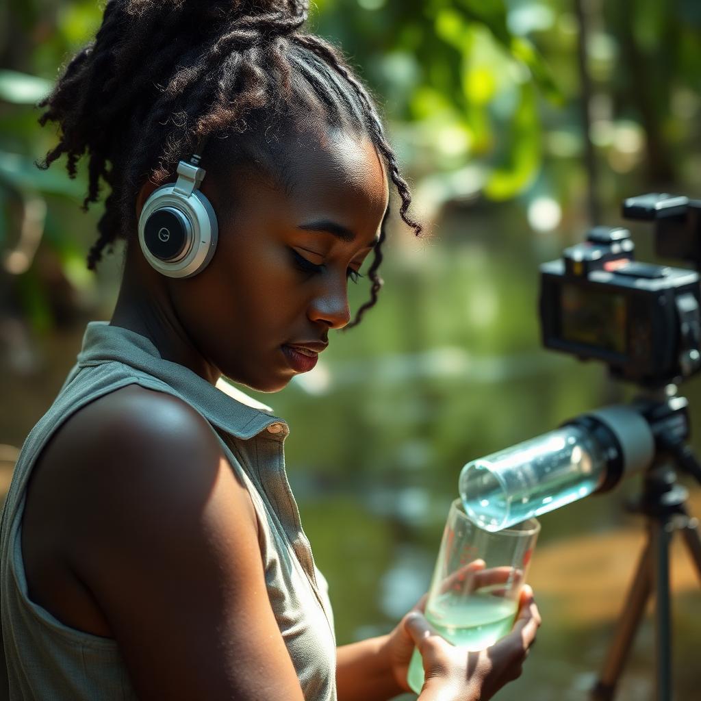 Pesquisadora negra jovem coletando amostra de água em rio da Amazônia com equipamento de monitoramento.