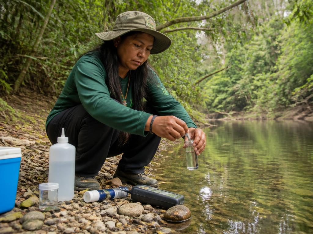 Pesquisadora indígena realizando trabalho de campo de monitoramento ambiental em território amazônico.