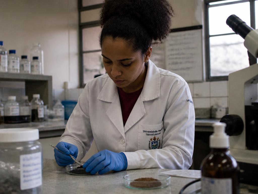 Pesquisadora negra jovem analisando amostras em laboratório de universidade pública brasileira.