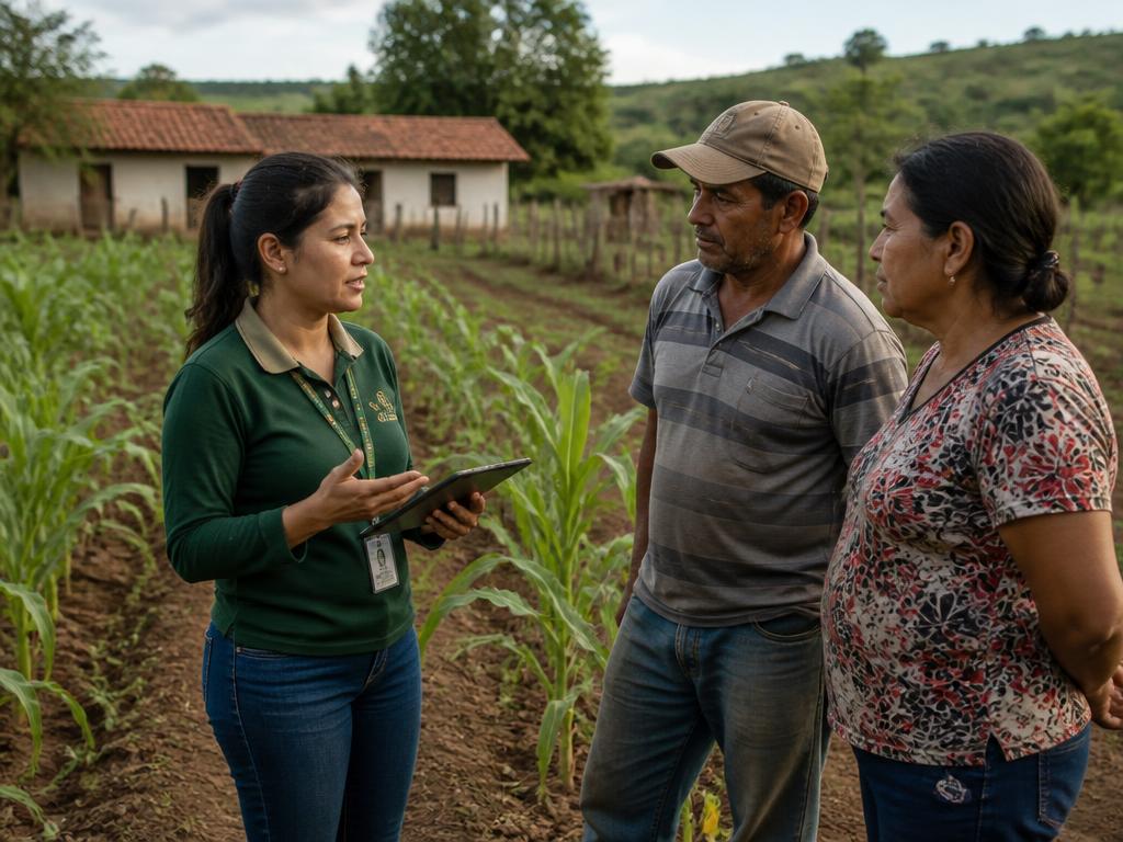 Técnica de campo conversando com agricultor familiar em lavoura de pequena propriedade rural.