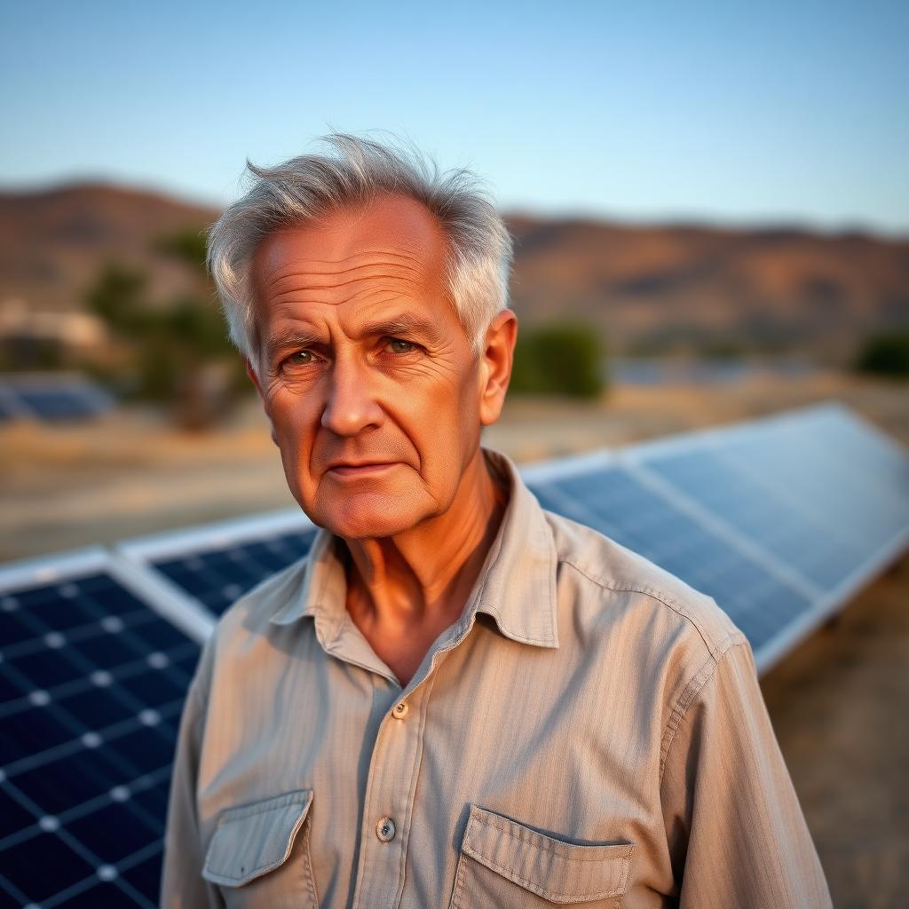 Retrato ilustrativo gerado por inteligência artificial: homem idoso de cabelos brancos em frente a painéis solares no semiárido.
