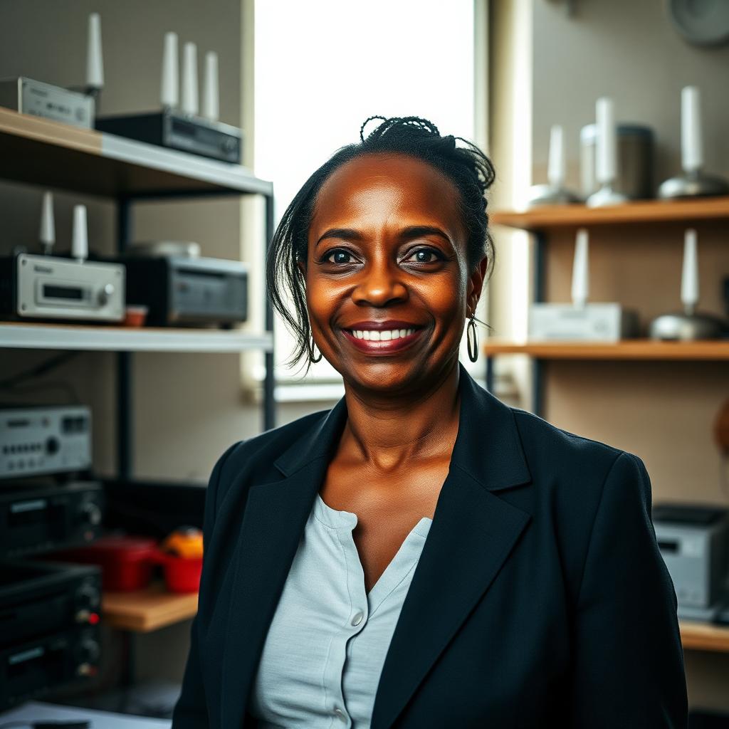 Retrato ilustrativo gerado por inteligência artificial: mulher negra em escritório com equipamentos de rede ao fundo.