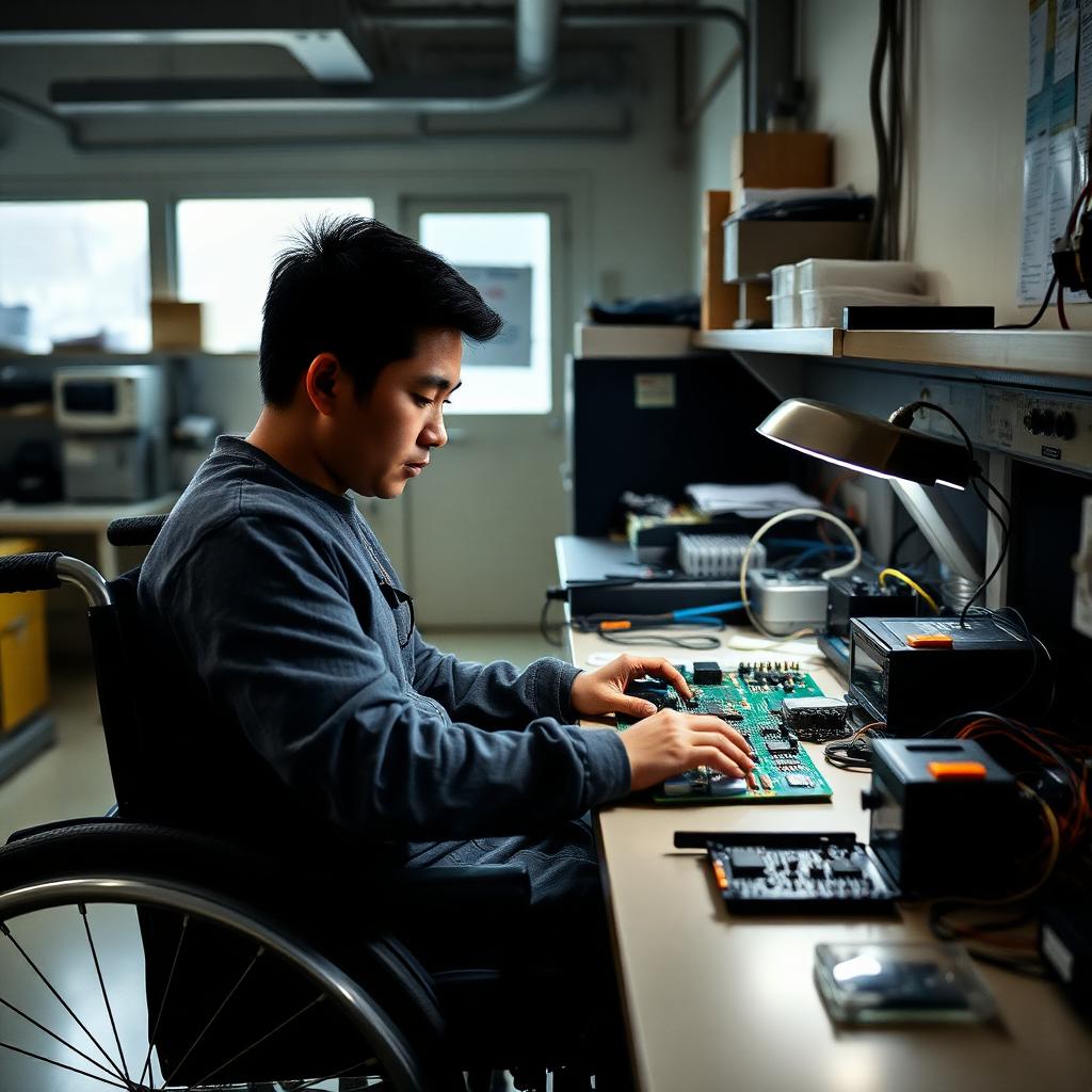 Retrato ilustrativo gerado por inteligência artificial: engenheiro cadeirante trabalhando em placa de circuito em bancada de laboratório.