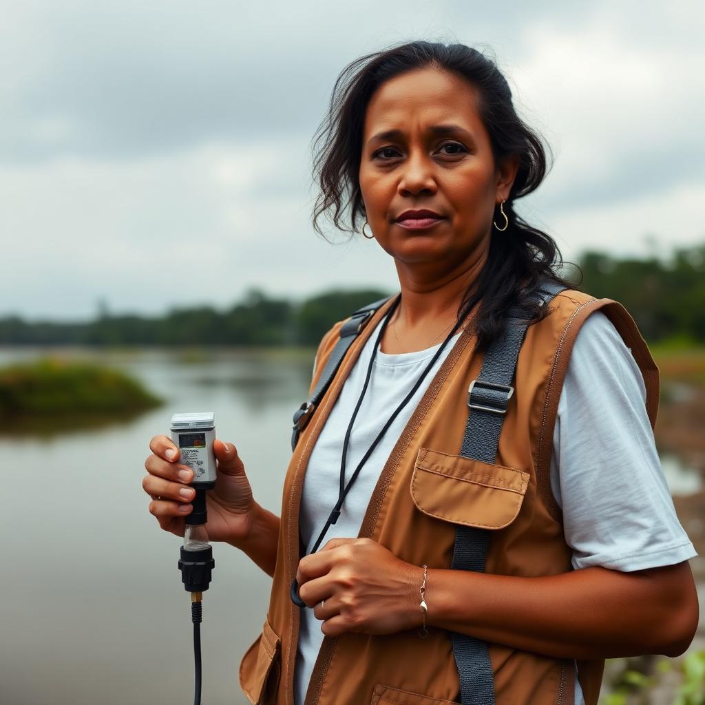 Retrato ilustrativo gerado por inteligência artificial: mulher indígena à beira de um rio segurando sensor de qualidade da água.